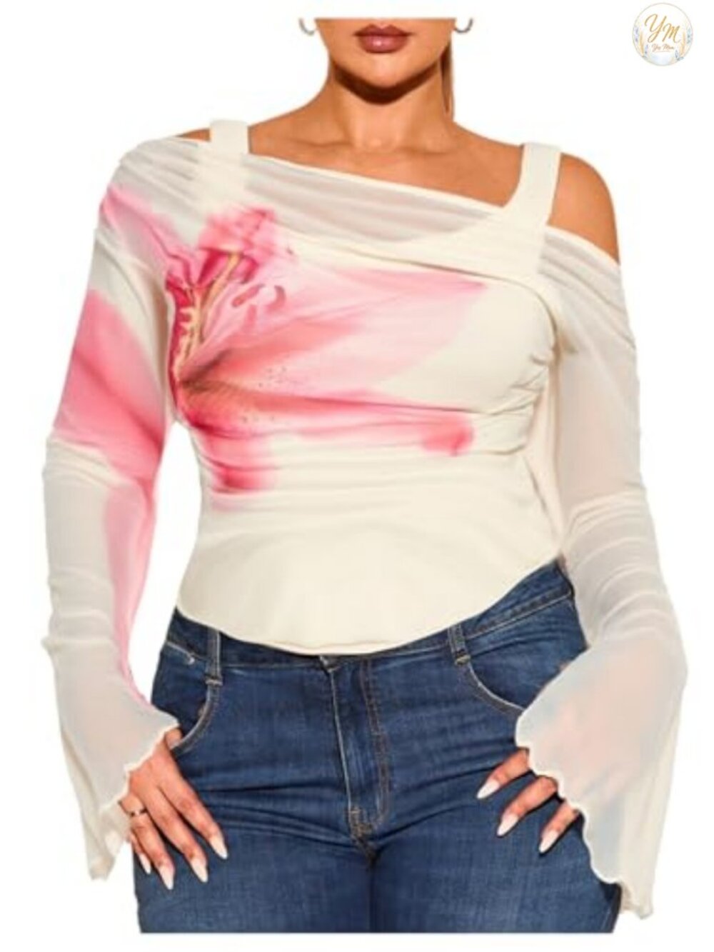 Women's Plus Size 2-in-1 Off Shoulder Top Sheer Bell Long Sleeve Tee